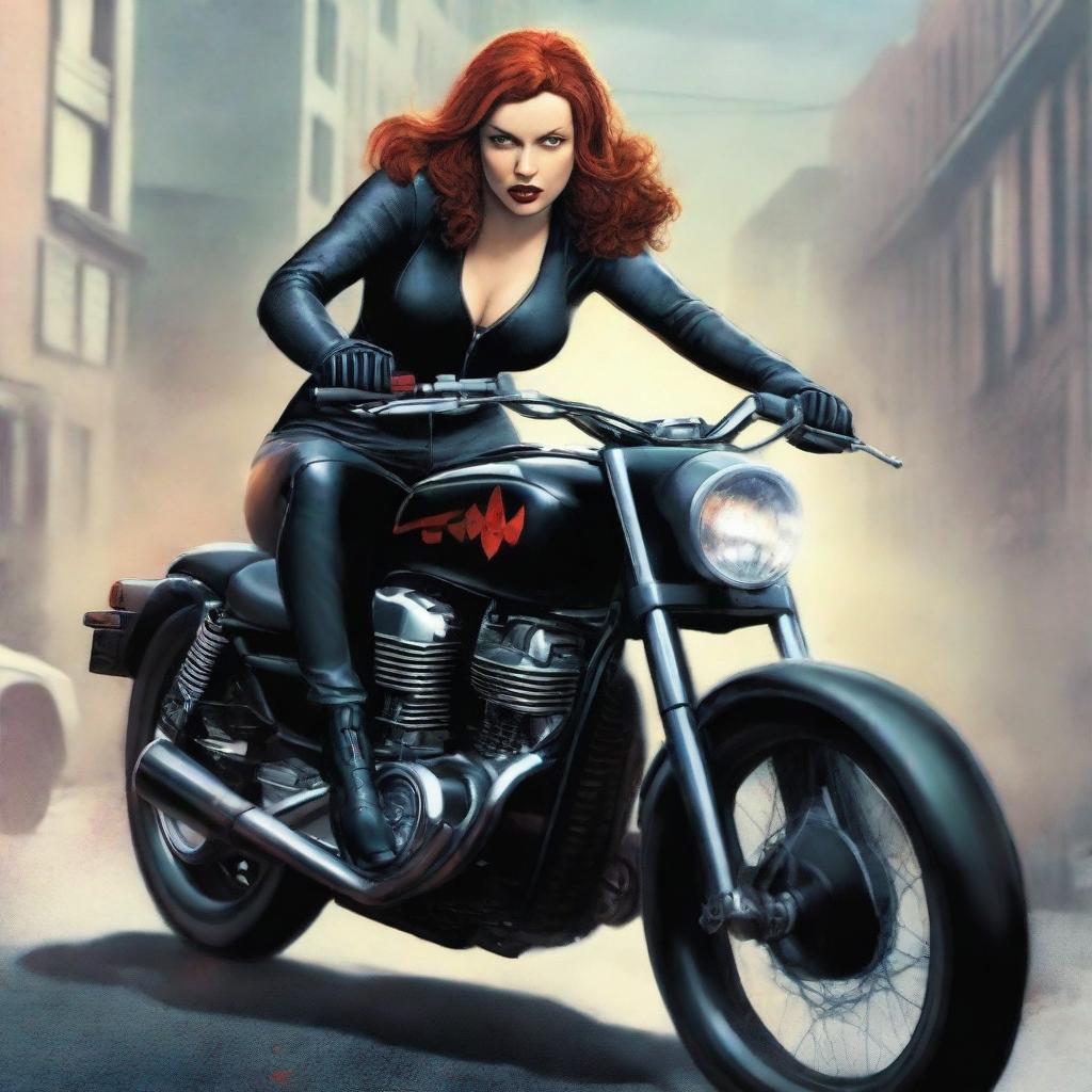 A detailed illustration of Black Widow wearing lingerie while riding a Super 73 bike