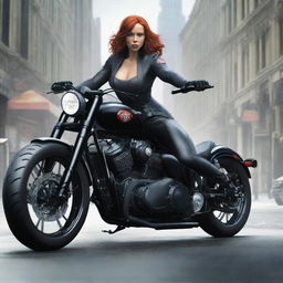 A detailed illustration of Black Widow wearing lingerie while riding a Super 73 bike