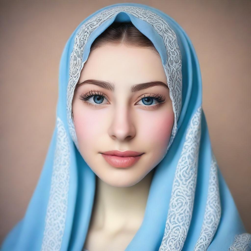 Create an image of a 19-year-old Lebanese girl with fair skin, blue eyes, and a prominent nose