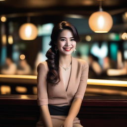 A beautiful Thai woman sitting at a bar, dressed elegantly