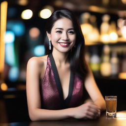 A beautiful Thai woman sitting at a bar, dressed elegantly