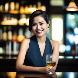 A beautiful Thai woman sitting at a bar, dressed elegantly