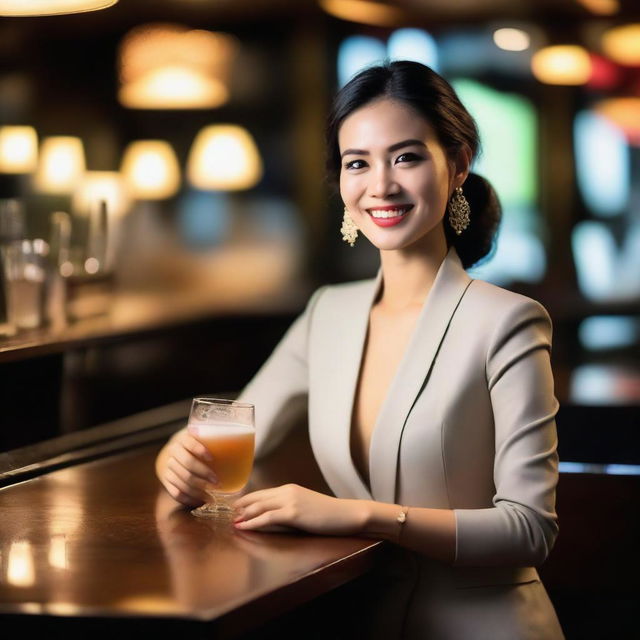 A beautiful Thai woman sitting at a bar, dressed elegantly