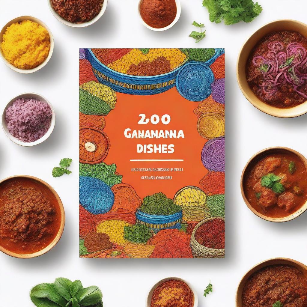 Design a vibrant and colorful book cover for a cookbook titled '20 Ghanaian Dishes'