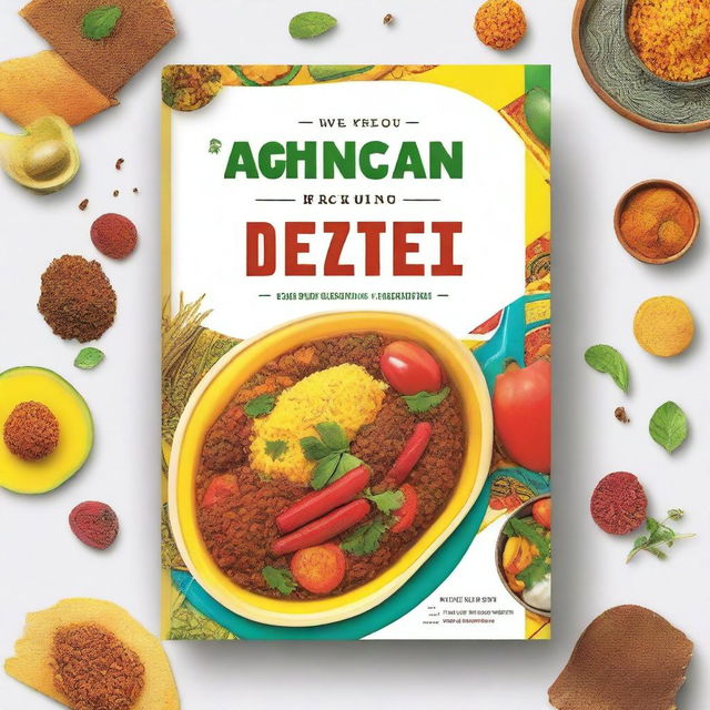 Design a vibrant and eye-catching book cover for a cookbook titled 'Make 20 Ghanaian Dishes'