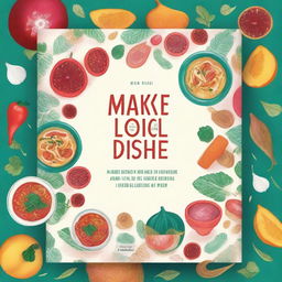 Design a vibrant and eye-catching book cover for a cookbook titled 'Make 20 Local Dishes'