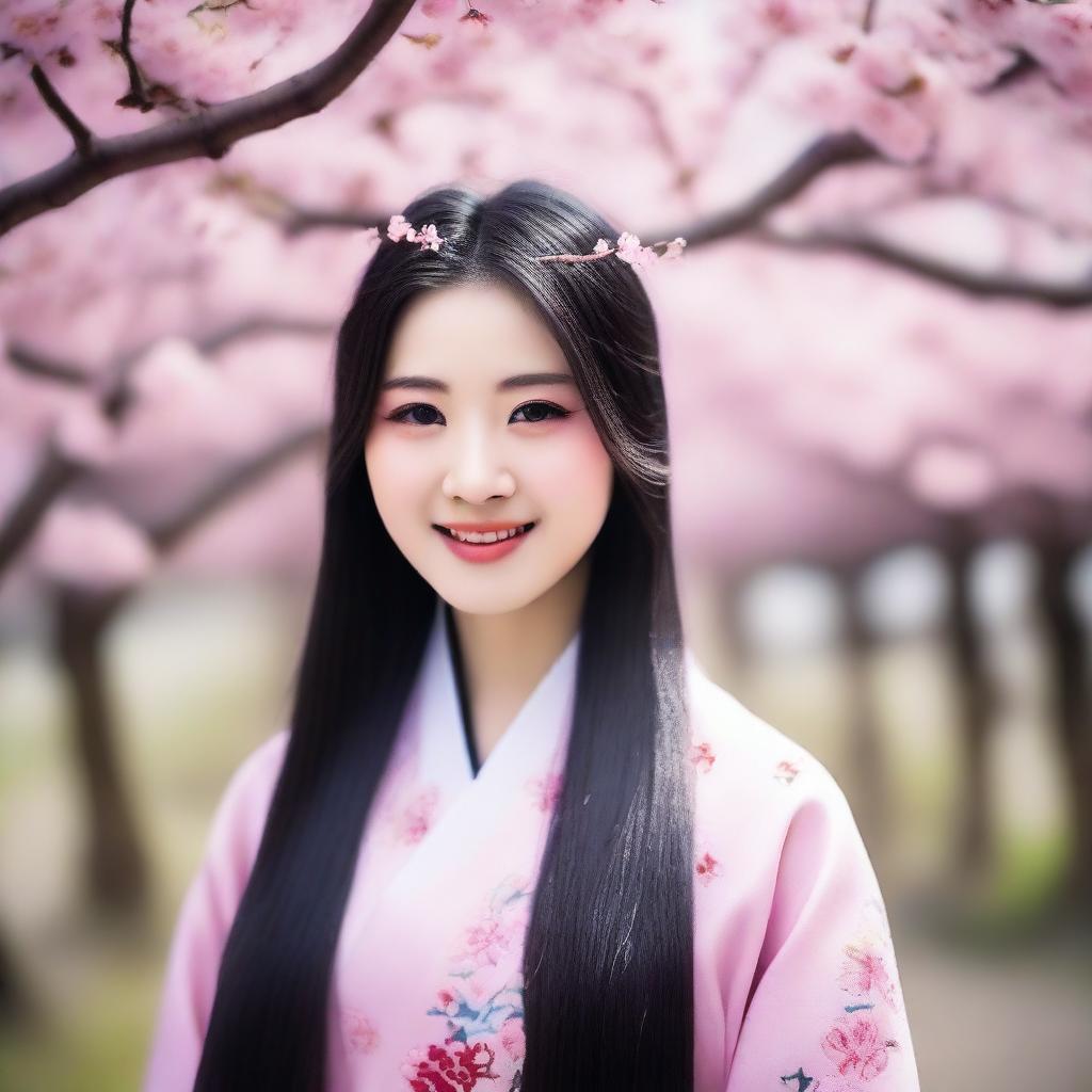 A beautiful Chinese girl with traditional attire, standing in a serene garden with cherry blossom trees