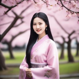 A beautiful Chinese girl with traditional attire, standing in a serene garden with cherry blossom trees