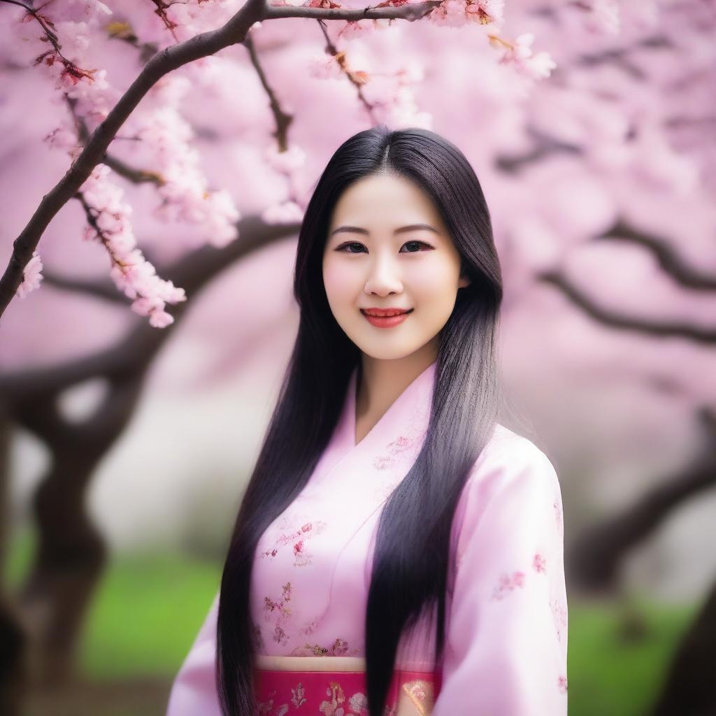 A beautiful Chinese girl with traditional attire, standing in a serene garden with cherry blossom trees