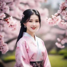 A beautiful Chinese girl with traditional attire, standing in a serene garden with cherry blossom trees