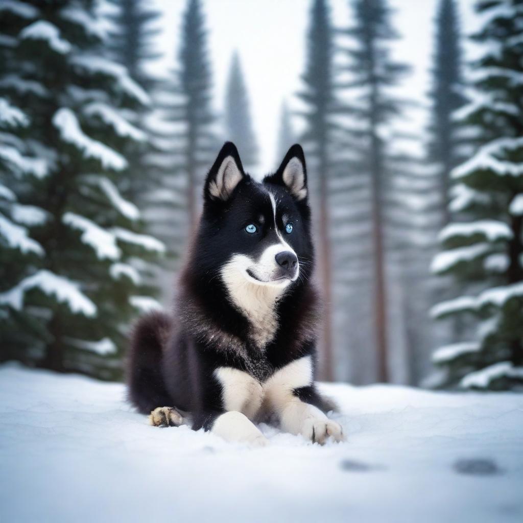 A black husky with bright blue eyes, sitting in a snowy landscape with pine trees in the background