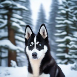 A black husky with bright blue eyes, sitting in a snowy landscape with pine trees in the background