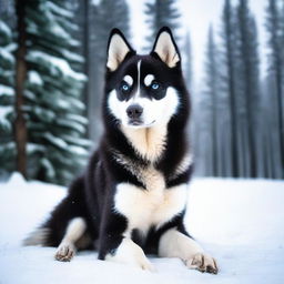 A black husky with bright blue eyes, sitting in a snowy landscape with pine trees in the background