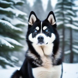 A black husky with bright blue eyes, sitting in a snowy landscape with pine trees in the background