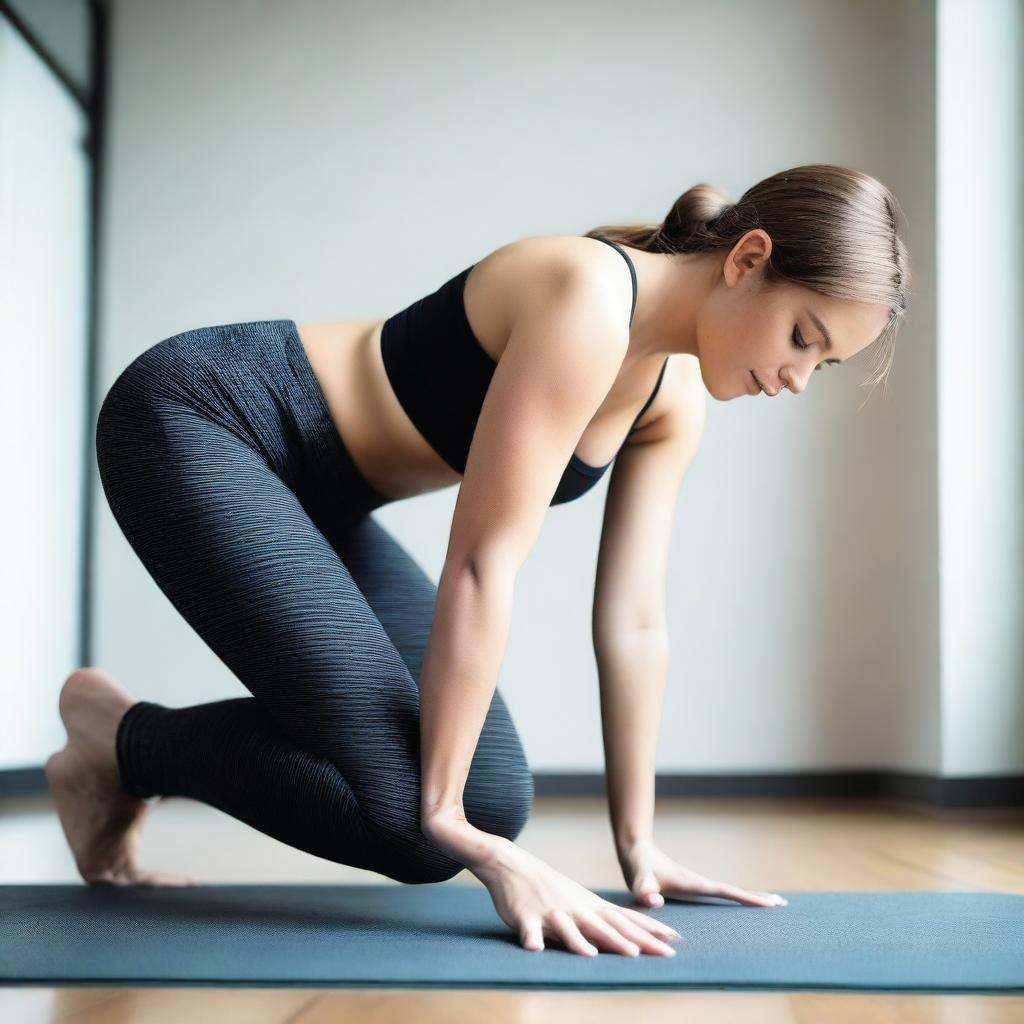 A young woman wearing tight yoga pants kneeling down