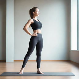 A young woman wearing super tight yoga pants in an elegant and stylish pose