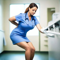 A nurse wearing a tight skirt, bending down in a professional setting