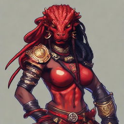 Create a detailed portrait of a red lizard woman who is a barbarian DnD character