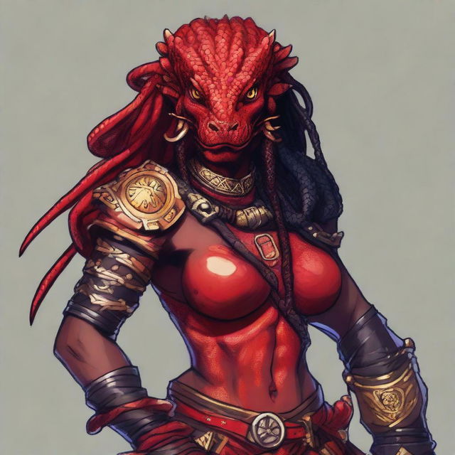 Create a detailed portrait of a red lizard woman who is a barbarian DnD character