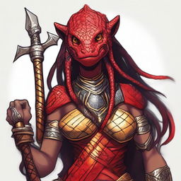 Create a detailed portrait of a red lizard woman who is a barbarian DnD character