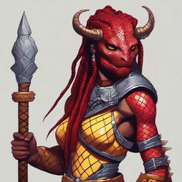 Create a detailed portrait of a red lizard woman who is a barbarian DnD character