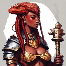 Create a detailed portrait of a red lizard woman who is a barbarian DnD character