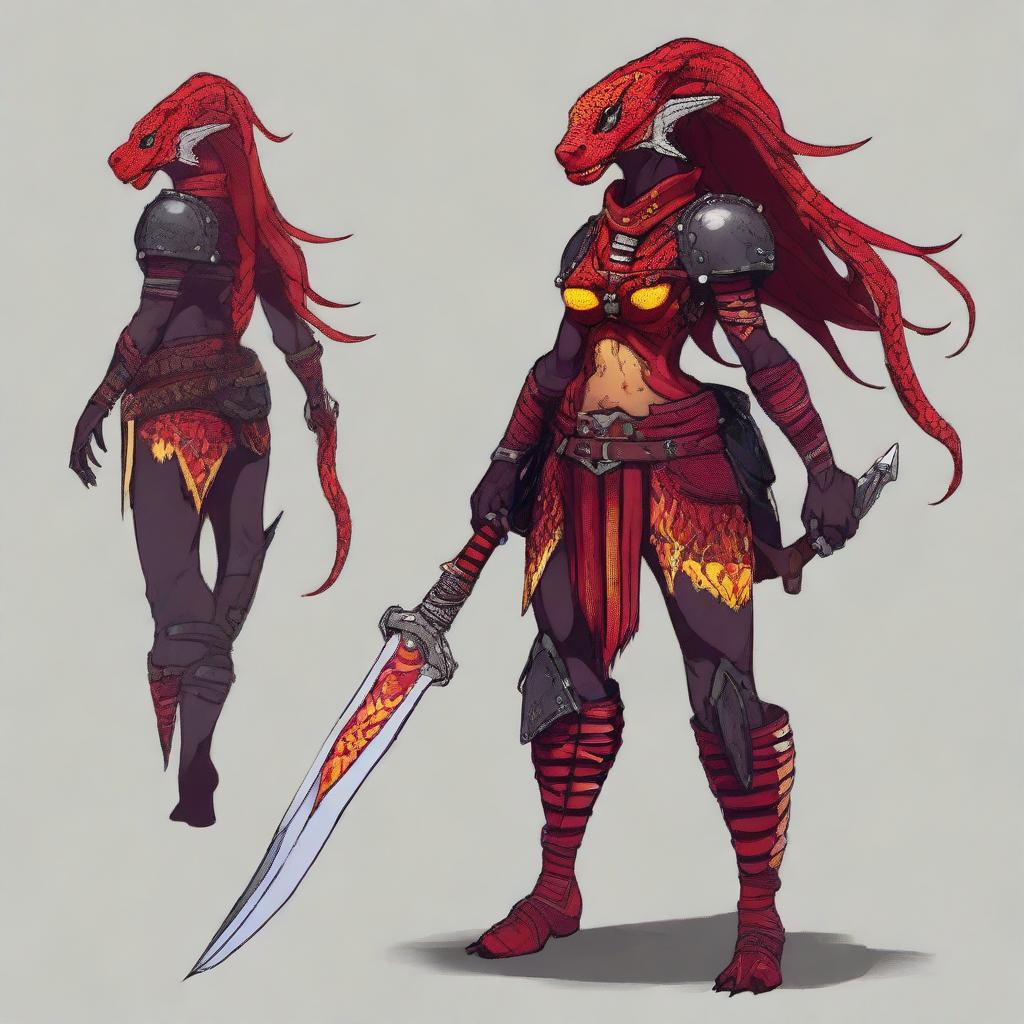 Create a full-body portrait of a red lizardfolk woman who is half-human and a barbarian DnD character