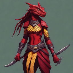 Create a full-body portrait of a red lizardfolk woman who is half-human and a barbarian DnD character