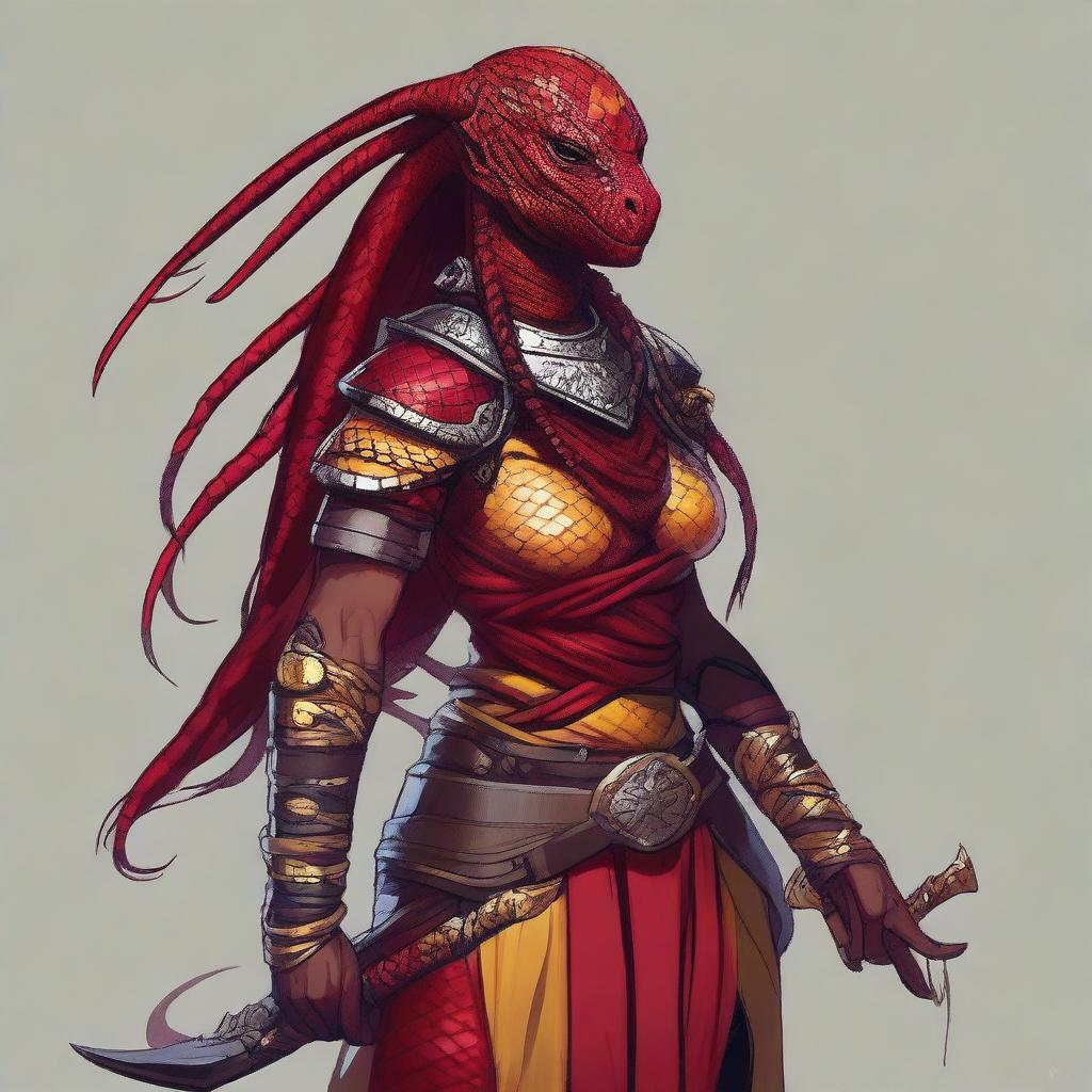 Create a full-body portrait of a red lizardfolk woman who is half-human and a barbarian DnD character