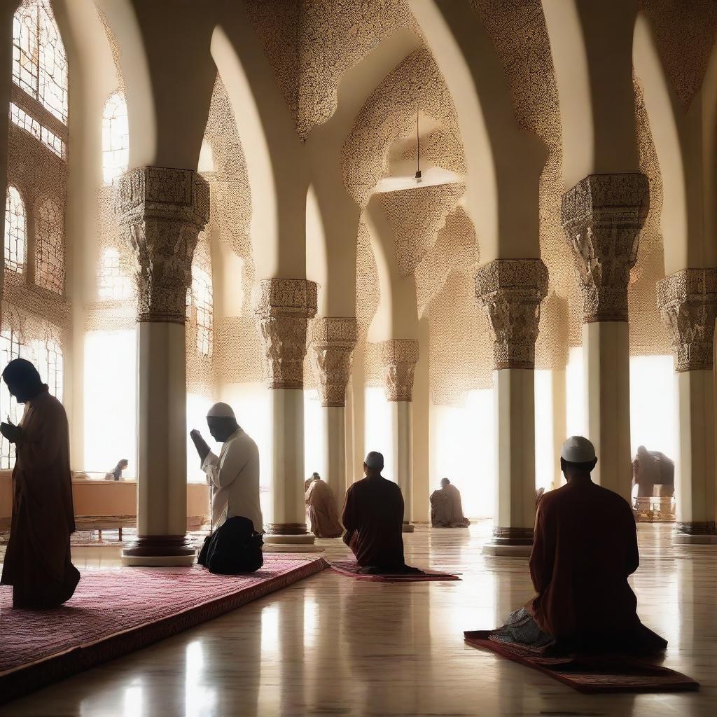 A serene and peaceful scene depicting a place of worship, such as a church, mosque, or temple, with people engaging in prayer and reflection