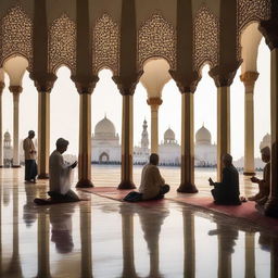 A serene and peaceful scene depicting a place of worship, such as a church, mosque, or temple, with people engaging in prayer and reflection