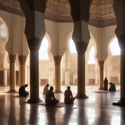 A serene and peaceful scene depicting a place of worship, such as a church, mosque, or temple, with people engaging in prayer and reflection