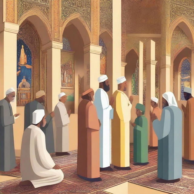 A diverse and harmonious scene depicting various places of worship from different religions, such as a church, mosque, temple, and synagogue