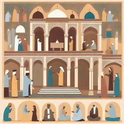 A diverse and harmonious scene depicting various places of worship from different religions, such as a church, mosque, temple, and synagogue