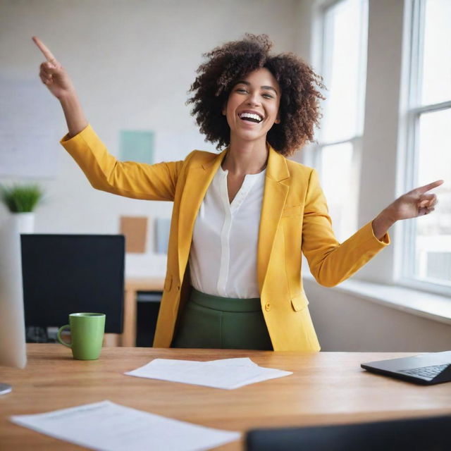 An imaginary character embodying positivity, joyfully engaging with their work in a lively office environment, presenting a gesture of satisfaction and achievement