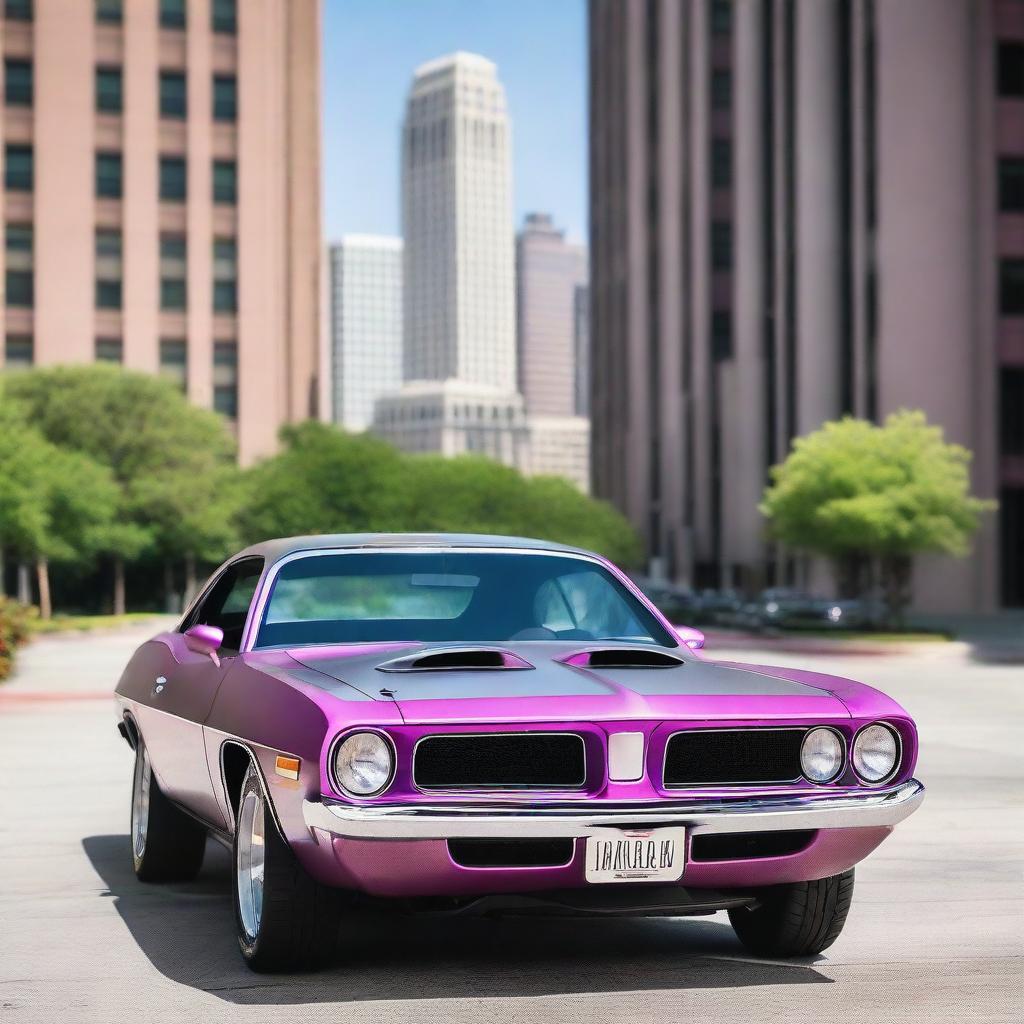 A 1974 Plymouth Barracuda in matte gray with purplish pink trim