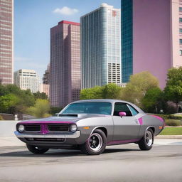 A 1974 Plymouth Barracuda in matte gray with purplish pink trim