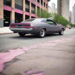 A 1974 Plymouth Barracuda in matte gray with purplish pink trim