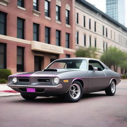 A 1974 Plymouth Barracuda in matte gray with purplish pink trim