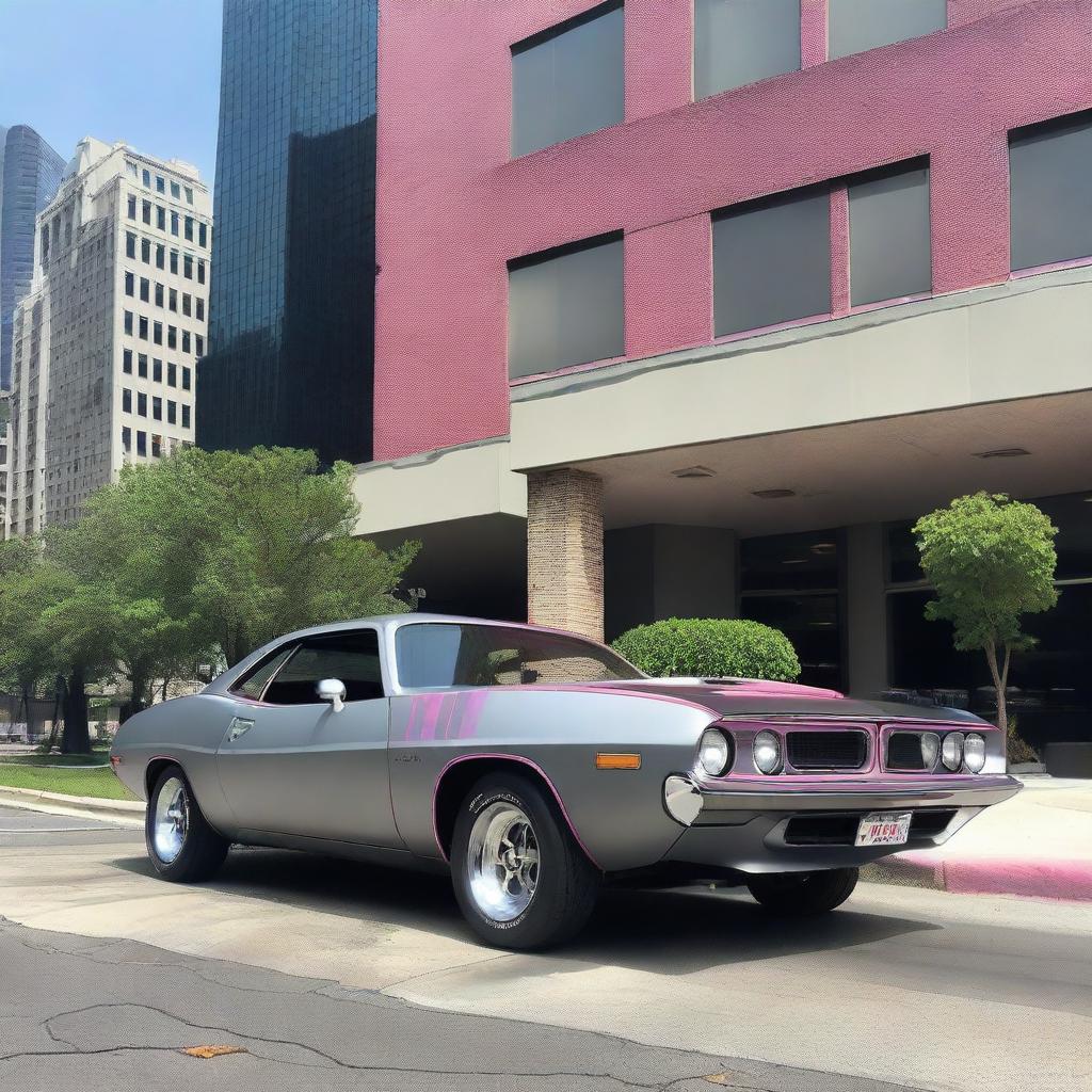 A 1974 Plymouth Barracuda in matte gray with dark purplish pink trim