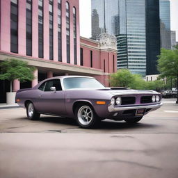 A 1974 Plymouth Barracuda in matte gray with dark purplish pink trim