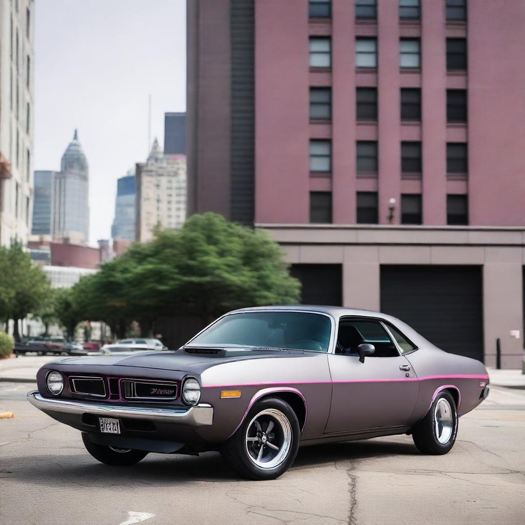 A 1974 Plymouth Barracuda in matte gray with dark purplish pink trim