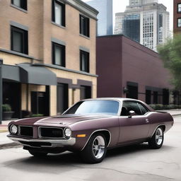 A 1974 Plymouth Barracuda in matte gray with dark plum-colored trim