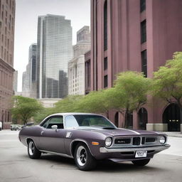 A 1974 Plymouth Barracuda in matte gray with dark plum-colored trim