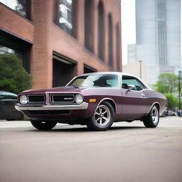 A 1974 Plymouth Barracuda in matte gray with dark plum-colored trim