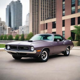 A 1974 Plymouth Barracuda in matte gray with dark plum-colored trim