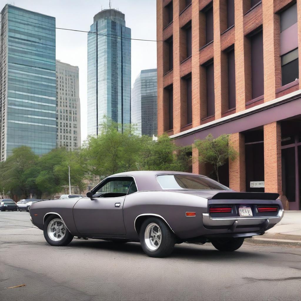 A 1974 Plymouth Barracuda in matte gray with dark plum-colored trim