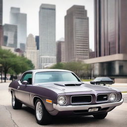 A 1974 Plymouth Barracuda in matte gray with dark plum-colored trim