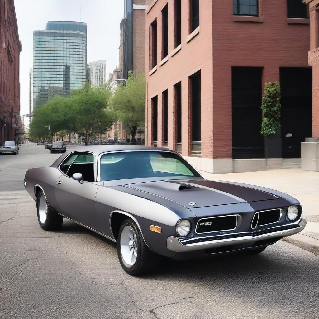 A 1974 Plymouth Barracuda in matte gray with dark plum-colored trim