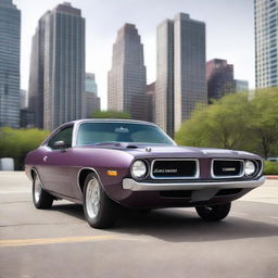 A 1974 Plymouth Barracuda in matte gray with dark plum-colored trim